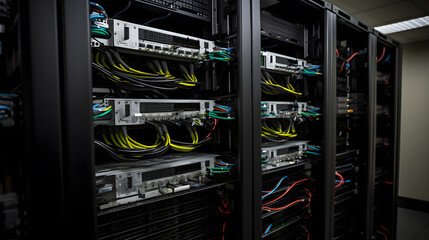 Server Racks and Cabinets full of Hard Drives inside Large Data Center. Advanced Cloud Computing Concept.