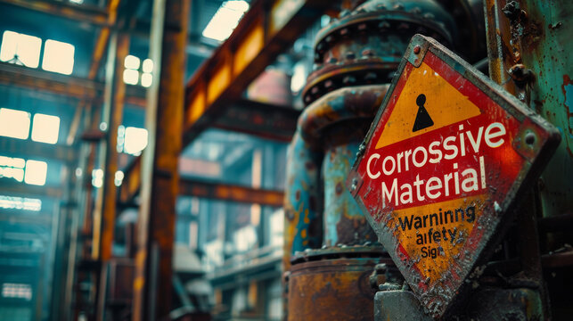 Corrosive material warning sign on a rusty metal surface in an industrial setting with warning lights.