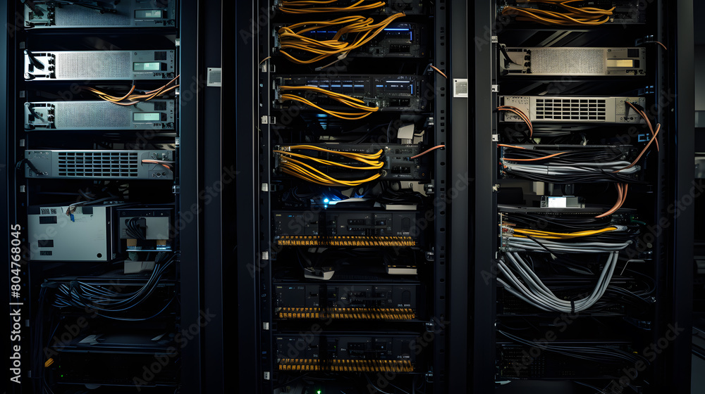 Poster server racks and cabinets full of hard drives inside large data center. advanced cloud computing con