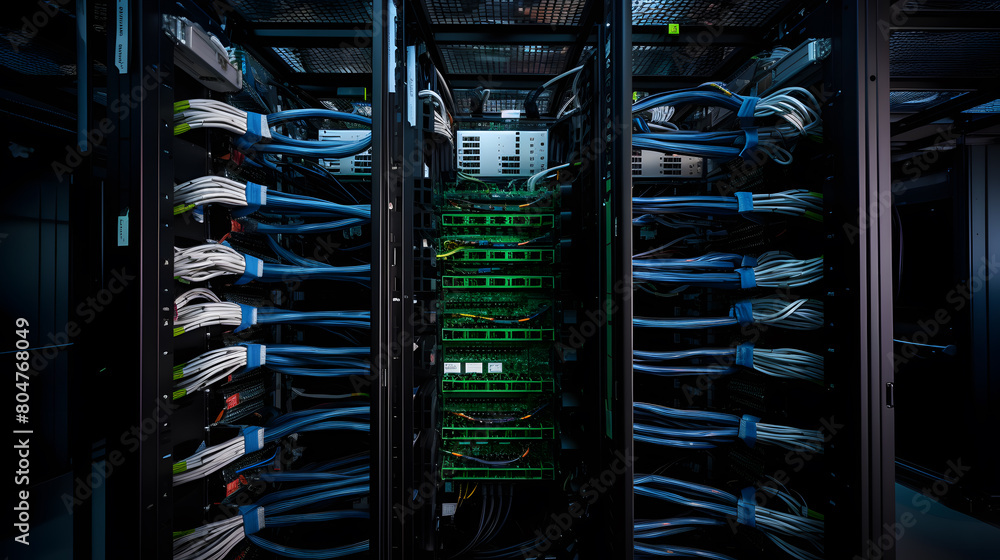 Poster server racks and cabinets full of hard drives inside large data center. advanced cloud computing con