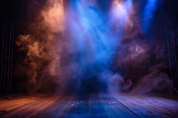 A stage with billowing chocolate brown smoke under a sky blue spotlight, casting a soothing effect on a dark backdrop.