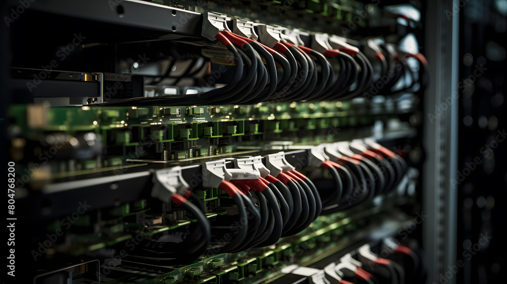 Poster server racks and cabinets full of hard drives inside large data center. advanced cloud computing con