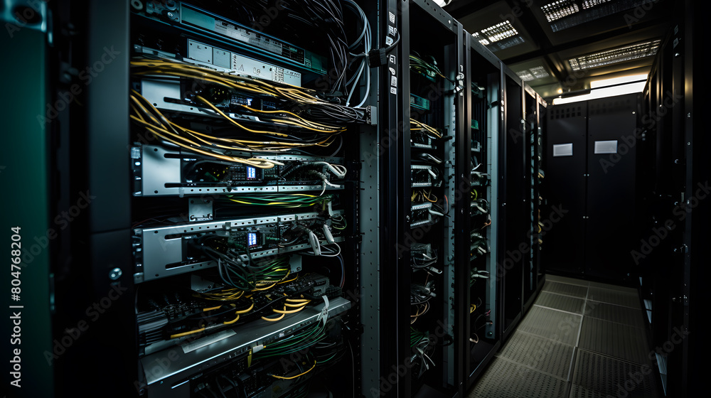 Poster server racks and cabinets full of hard drives inside large data center. advanced cloud computing con