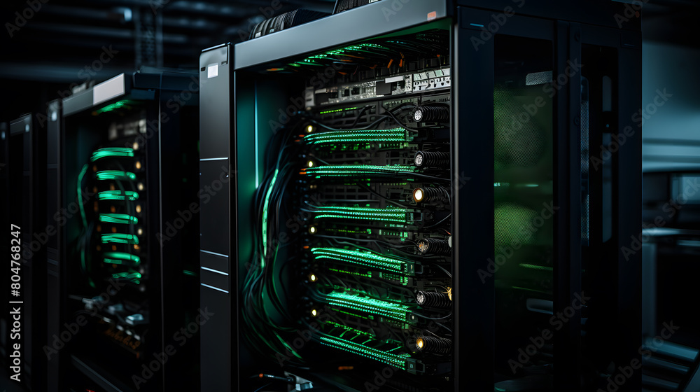 Poster server racks and cabinets full of hard drives inside large data center. advanced cloud computing con