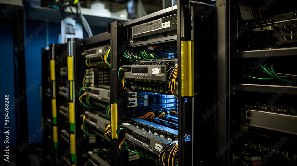 Poster server racks and cabinets full of hard drives inside large data center. advanced cloud computing con