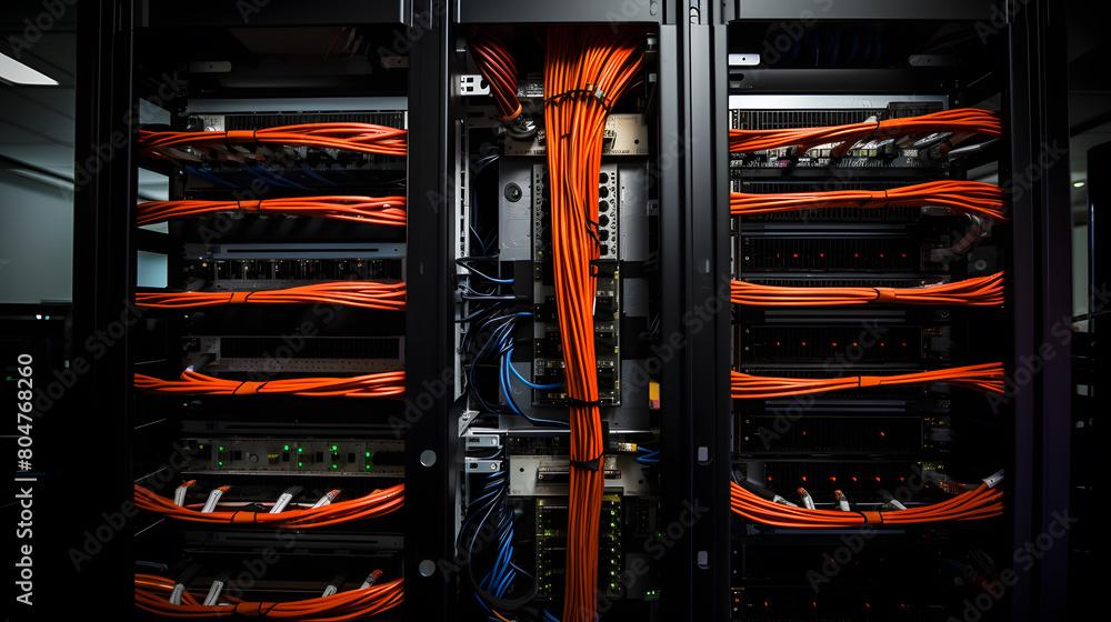 Poster server racks and cabinets full of hard drives inside large data center. advanced cloud computing con