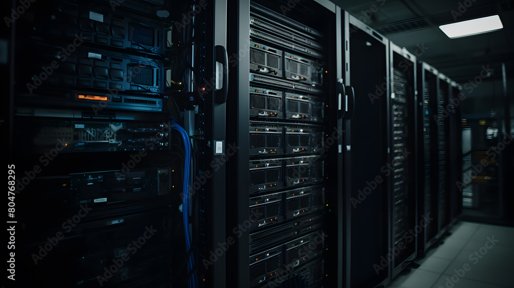 Poster server racks and cabinets full of hard drives inside large data center. advanced cloud computing con