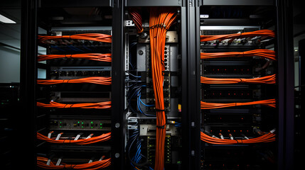 Server Racks and Cabinets full of Hard Drives inside Large Data Center. Advanced Cloud Computing Concept.