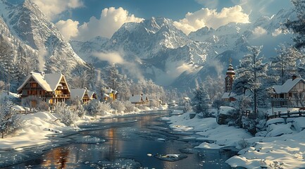 an alpine village in the mountains, snowy landscape, river flowing by houses, dramatic sky, realistic, cinematic --ar 128:71 --stylize 750 Job ID: bb0744fe-1841-43b2-a089-38e332242fa6 - Powered by Adobe