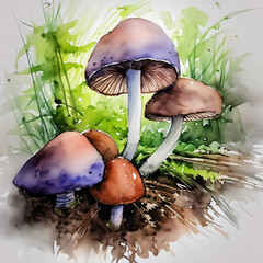 Dew-kissed mushrooms emerge in a watercolor forest