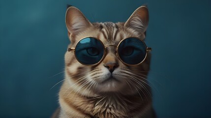 Feline Fashion with Sunglasses Against Blue Background - Animal Portraits, Quirky Pet Accessories, Surreal Art, Summer Illustrations


