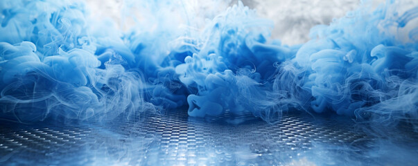 Bright blue smoke abstract background wafts over a shimmering silver floor.