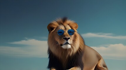 Obraz premium Majestic lion with Sunglasses Against Blue Background - Animal Fashion, Quirky Wildlife Portraits, Summer Accessories, Surreal Art