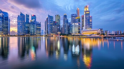 Obraz premium Vibrant urban skyline with reflective waters under a sunset sky.