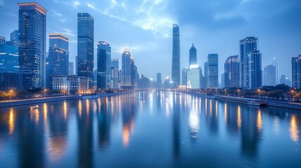 Fototapeta na wymiar Modern city skyline reflected in calm waters during blue hour twilight.