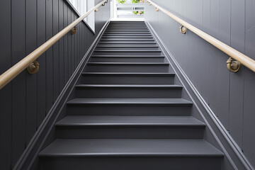 Charcoal gray stairs with a solid wooden handrail, modern and sophisticated.