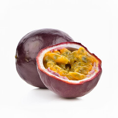 Vibrant passion fruits, two whole and one sliced open, revealing juicy seeds, rest on a white background with fresh green leaves - obrazy, fototapety, plakaty
