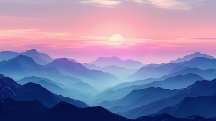 Obraz premium A breathtaking digital painting of layered mountains under a soft pink sunset sky.