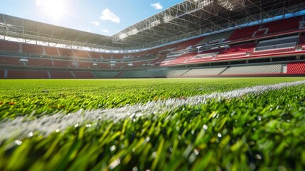 Vivid close-up of fresh green football field grass with stadium background.