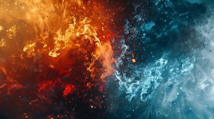 Explosive interaction of fire and water with vibrant reds and deep blues.