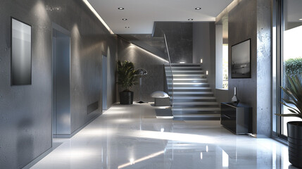 Contemporary silver-gray entrance hall with a sleek staircase and modern, understated decor in an American interior.