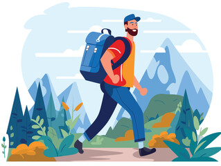 Bearded man hiking mountains nature trek. Smiling male backpacker adventure travel outdoors. Hiker exploring trails forest scenic landscape