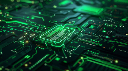 Detailed view of an advanced green electronic circuit board, featuring intricate connections and components.