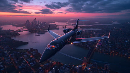 Naklejka premium A small, private jet flying over a cityscape in HDR, showcases the contrast between the sleek aircraft and the urban environment. Luxury Concept