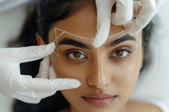 Latex glove hands marking eyebrow micro-blading guide outline indian asia diverse woman for face cosmetic tattoo feathering brow design salon skin clinic tattooed artist beauty makeup facial treatment