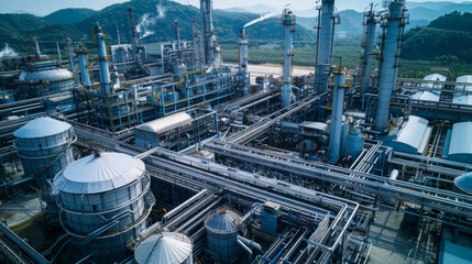 Aerial view of a vast industrial oil refinery complex during sunset, highlighting the intricate machinery and piping.