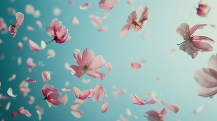 Fototapeta premium Serene scene of pink cherry blossoms floating against a turquoise sky.