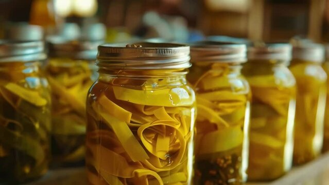A row of jars filled with yellow noodles. The jars are lined up on a table