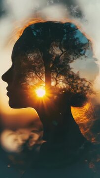 A woman's face is shown in a tree trunk, with the sun shining on her face. Concept of serenity and peace, as the woman is surrounded by nature and the beauty of the sun
