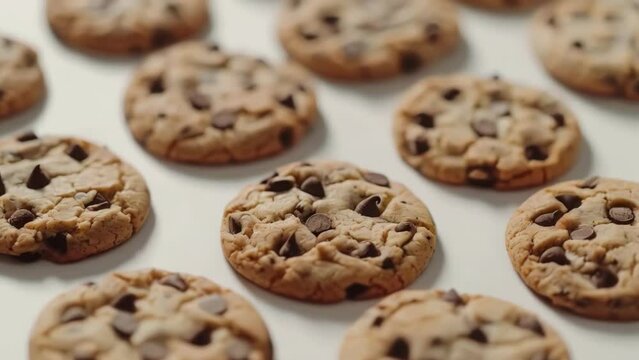 A row of chocolate chip cookies on a white background. The cookies are all the same size and shape, and they are all lined up next to each other