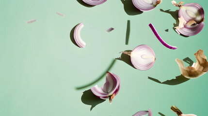 group of onions sit on a vibrant green surface, with a sliced onion falling from above onto the flat lay.