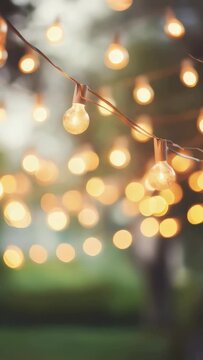 A string of lights with a blurry background. The lights are hanging from a tree