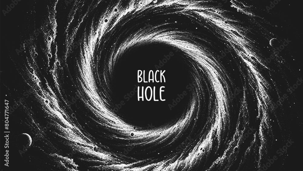 Poster Massive Black Hole in deep space spiral galaxy in circle shape for banner, poster or book cover. Universe and wormhole. Stippling style. Dotwork. Pointillism. Shading using dots. Vector illustration