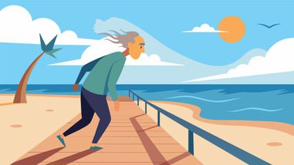 An older man leisurely pushing along a deserted beach boardwalk feeling the wind in his hair and the sun on his face.. Vector illustration