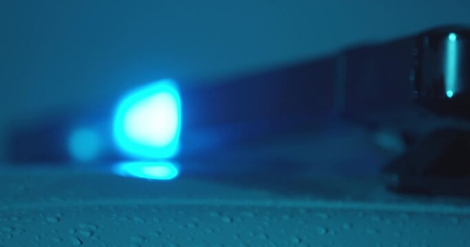 Top of police car red and blue flasher on emergency vehicle, Emergency Situations. Flashing light red. Close Up.