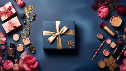 Empty Copy Space Valentine's Day Surprise: Cosmetics and Gift Box blue podium background