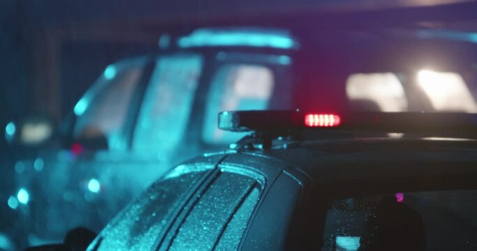 Police Traffic Stop in Rain at Night, SUV waiting, Flashing Police Lights, Slow Motion, Police Stop, Pulled Over
