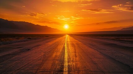 A vibrant sunset over a deserted highway in a mountainous landscape - Powered by Adobe