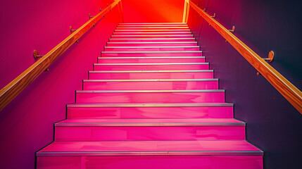 Hot magenta stairs with a minimalist wooden handrail, wide angle from the top.