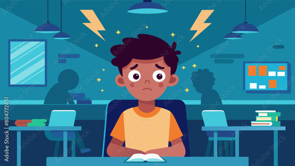 Poster a child with spd becomes easily distracted in class by the humming of fluorescent lights.. vector il