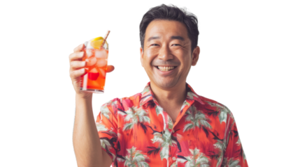 Happy asian middle age male tourist in a red shirt toasting with a cocktail white background 