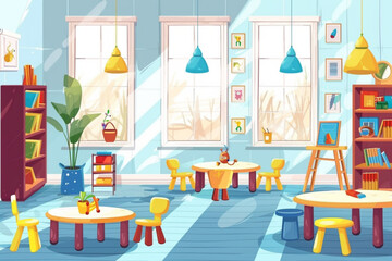 Kindergarten playroom interior design. Vector cartoon illustration of nursery school classroom with large window, furniture and toys, wooden table and chairs for kids, bookshelf, preschool education v