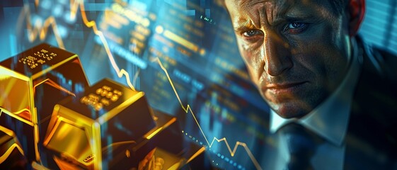 Stack of gold bars casting long shadows on a wrinkled stock market chart, line graph trends upwards, concerned businessman stares intently, symbolic