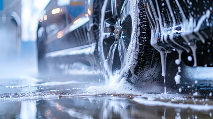 Washing car wheels under high pressure, close-up. self-service car washes. banner 16:9.