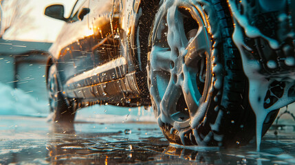 Washing car wheels under high pressure, close-up. self-service car washes. banner 16:9.