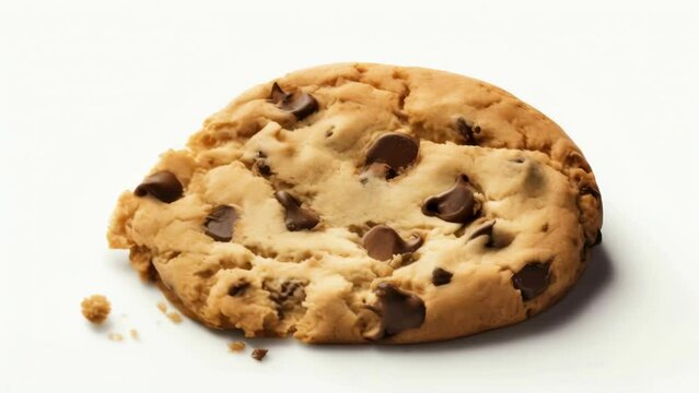 A chocolate chip cookie with a bite taken out of it. The cookie is sitting on a white background